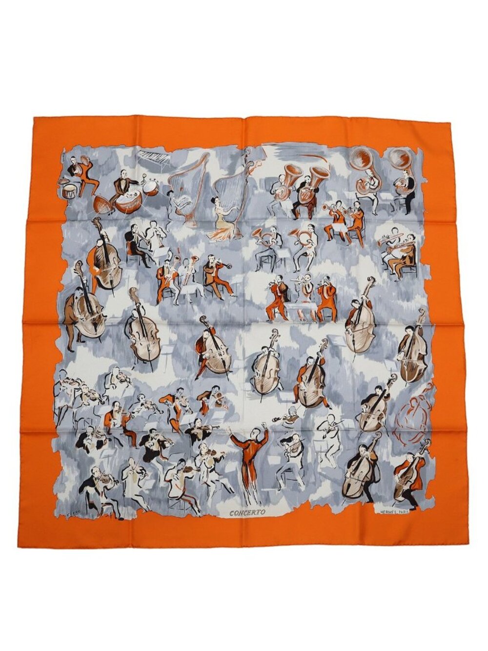 Hermes Carre 90 Scarf Large Concerto Music Instrument Silk 100% Orange Gray